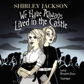 Cover van Shirley Jacksons 'We Have Always Lived in the Castle'. Twee blonde zussen en een zwarte kat, met schimmige figuren op de achtergrond.