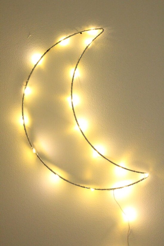 Maanlampje - 32CM - Zilver - BINNEN 24U VERZONDEN! - 100 LED - Batterij - Wandlamp - Maanlamp - Babykamer - Nachtlamp - Kinderkamer - Lang Snoer - Kraamcadeau - Babyshower - Babycadeau van Merkloos — afbeelding 2