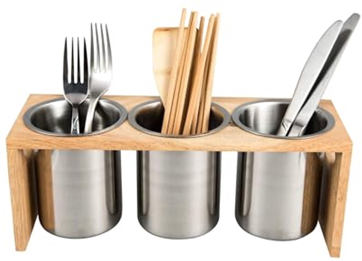 Houten Bestek Organizer Caddy met Compartimenten en Afvoergaten voor Keuken