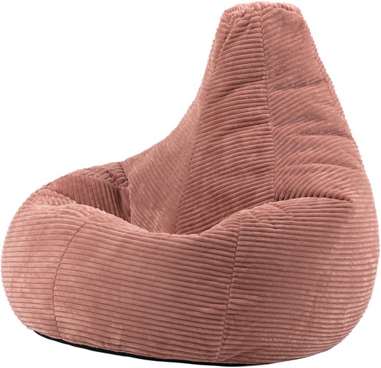Oudroze corduroy zitzak met een ergonomische vorm en ribbelpatroon.