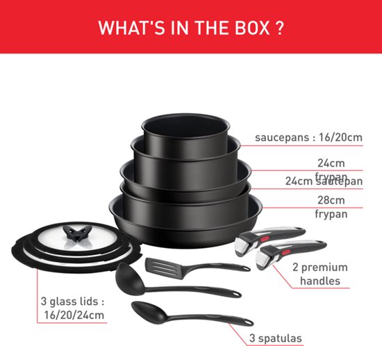 Set de casseroles Tefal noires avec couvercles, poignées, spatules et louche. Texte 'WHAT'S IN THE BOX ?' et dimensions.