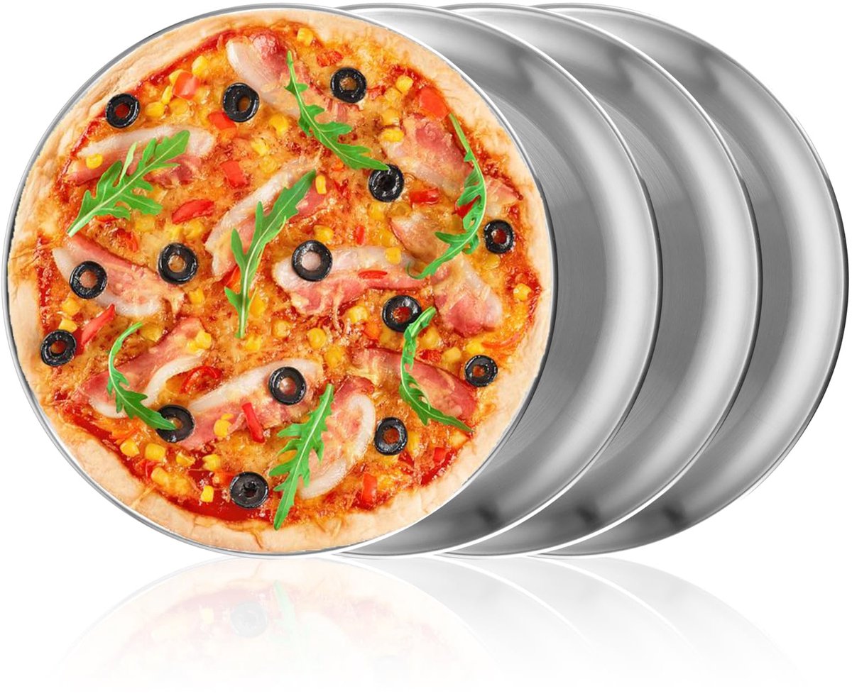 Set van 4 ronde pizzaborden van roestvrij staal, 30 cm pizzabord voor in de oven, gezond en duurzaam, gemakkelijk schoon te maken en vaatwasserbestendig