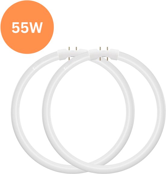 Twee witte ring TL-buizen met oranje cirkel "55W".