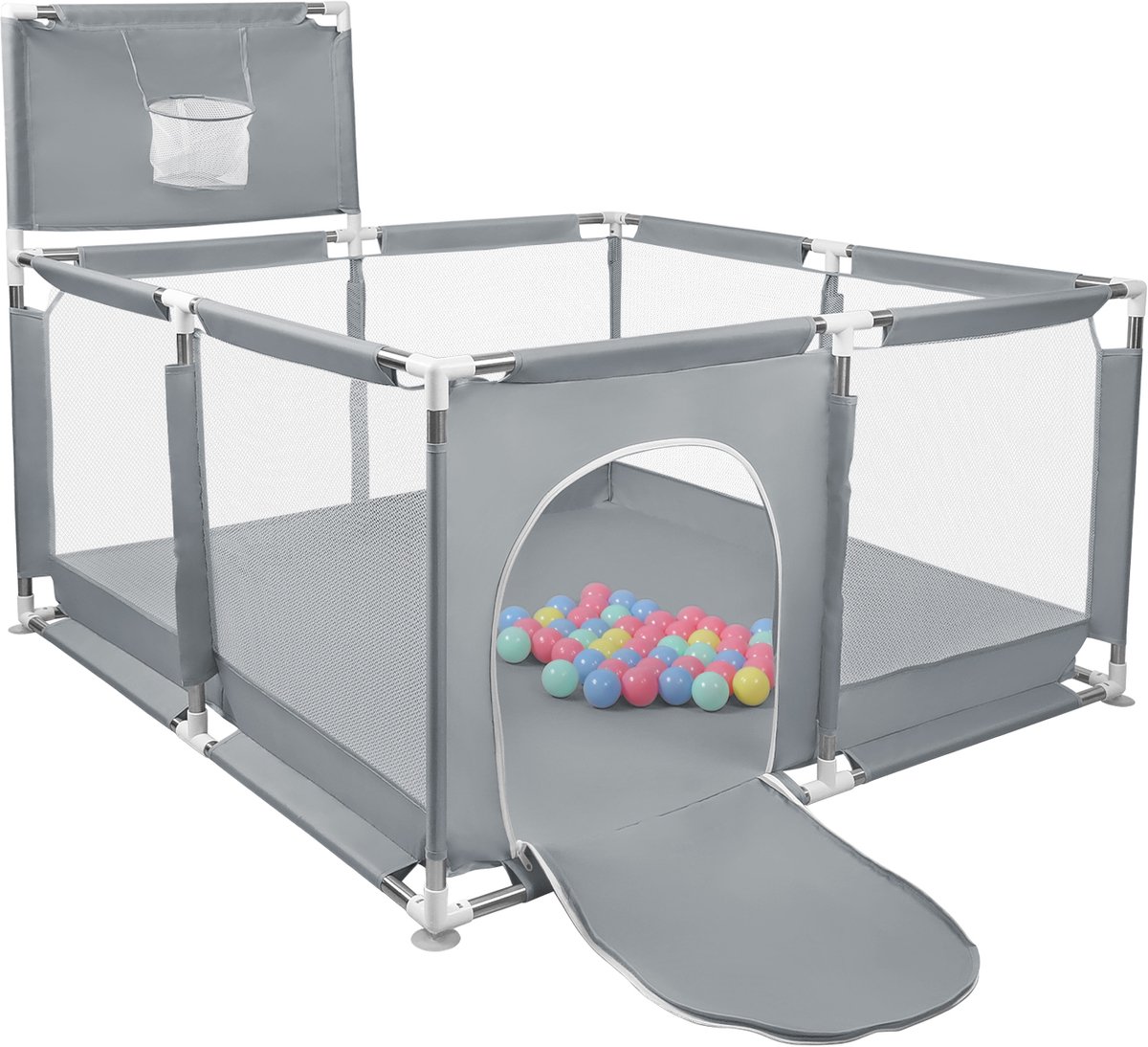 PIPIPOXER Babybox 126*126cm Boxhekje met 50 ballen, basketbalring, antislipbodem-donkergrijs