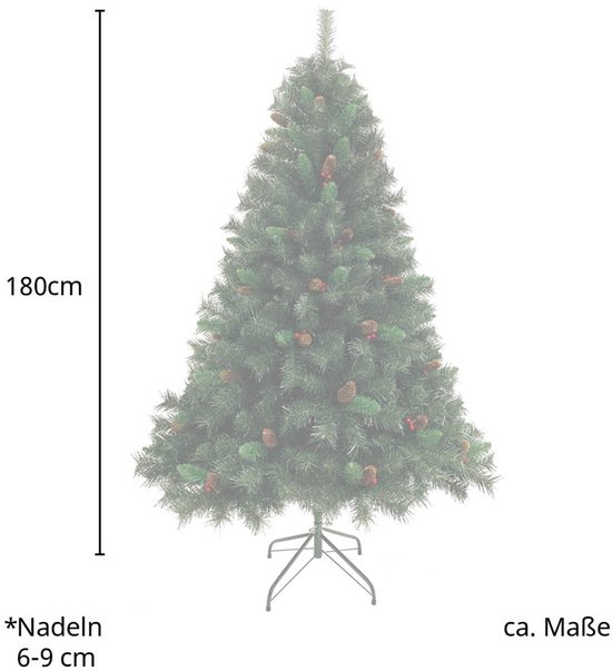 Kunstkerstboom van 180 cm met dennenappels en bessen. Tekst: 180cm, Nadeln 6-9 cm, ca. Maße.