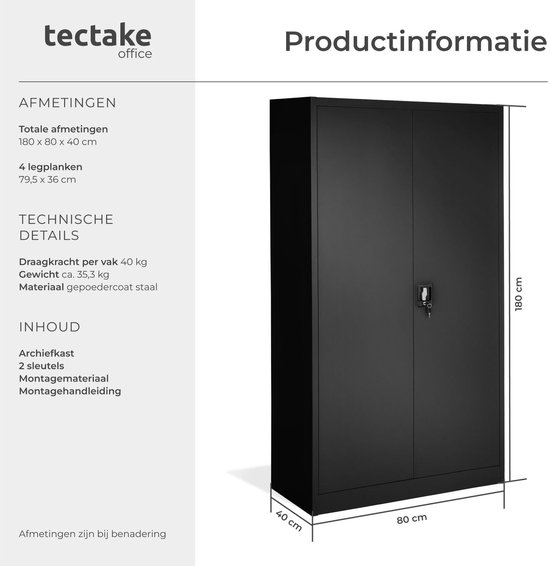 Gesloten zwarte archiefkast met afmetingen 180 x 80 x 40 cm en 4 legplanken. Technisch informatie over draagkracht en materiaal.