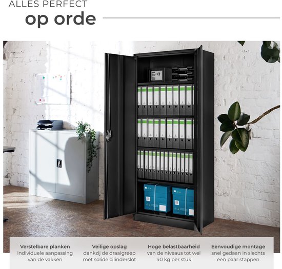 Zwarte archiefkast met open deuren, gevuld met ordners. Naast de kast staat een grijze archiefkast. Inzet toont details over planken en slot.