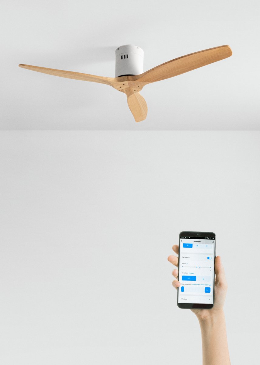 CREATE - Plafondventilator 40W silent 100% hout (Ø132cm) (ruimtes 10m²-25m²) - Wit / Licht hout - Geen licht - WIFI + Afstandsbediening - WIND CALM NATURAL WOOD