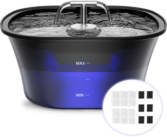Balimo Max - Drinkfontein Hond en Kat - Inclusief 6 filters - 2.5 L - Fluisterstil - Met LED-licht - Waterdispenser Kat - Waterautomaat - Zwart