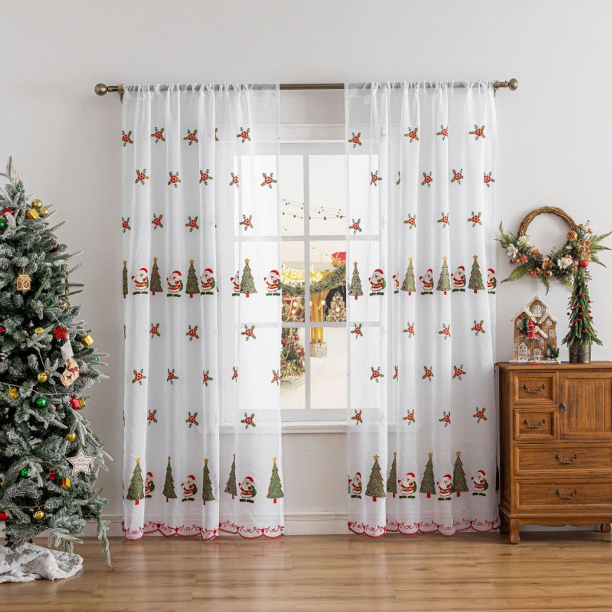 gordijn - gordijnen - kerst- kerstversiering - Borduurwerk - Transparant - Kerstgordijnen - Woonkamerdecoratie - Kerstboom - Kerstmanpatroon