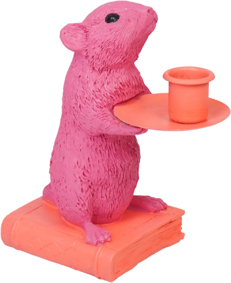 Housevitamin Kaarsenhouder - Muis - Polyresin - Roze/Rood - 8x10x17cm