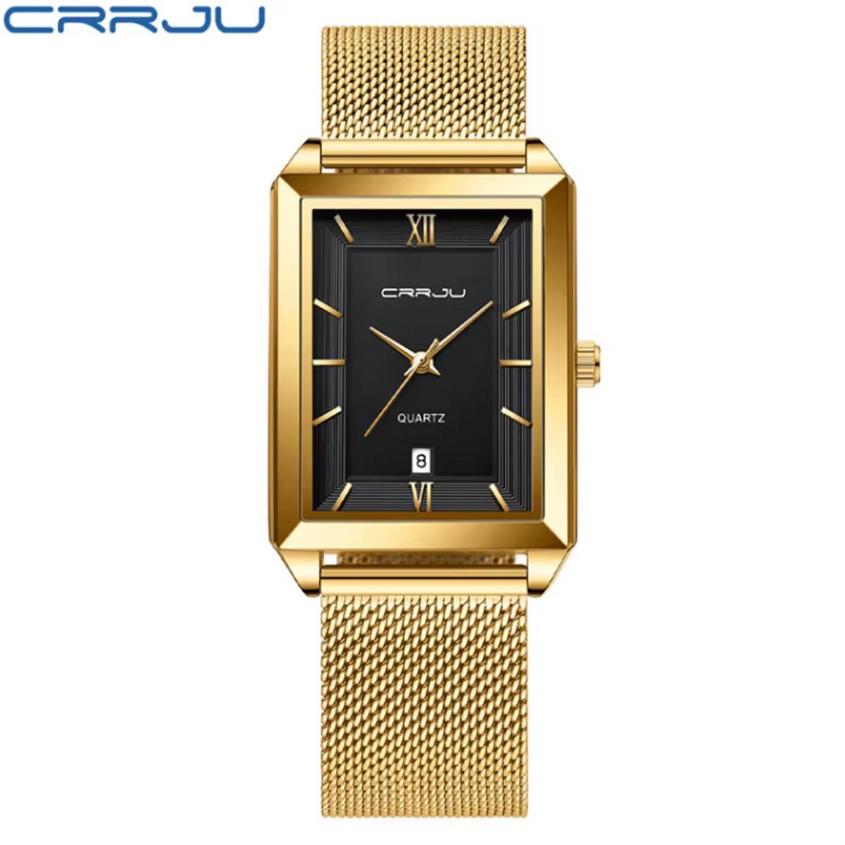 CRRJU Horloge 2197 - Goudkleurig Zwart - Heren - Quartz - 40 mm - Vierkante Kast - Roestvrijstalen Band - Chronograaf - Waterbestendig - Luxe Elegant