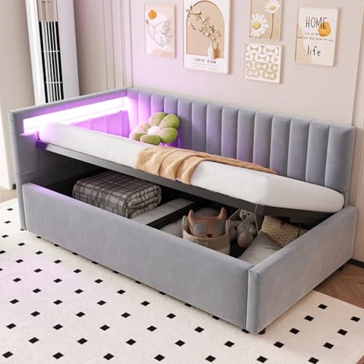 Slaapbank 90 x 200 cm met Led-hoofdeinde en Opbergruimte - Kinderbed en Eenpersoonsbed