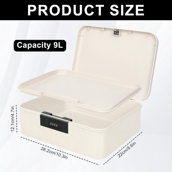 Off-white opbergbox van 9 liter, 26,2 cm breed, 22 cm diep, 12,1 cm hoog, met 4-cijferig cijferslot.