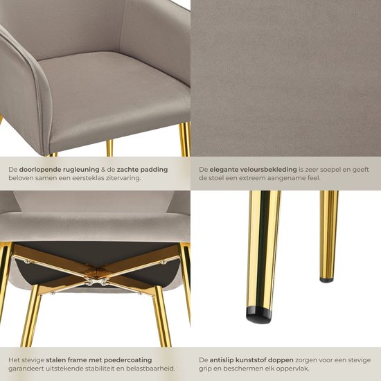 Gedetailleerde close-ups van een taupe fluwelen eetkamerstoel: zachte vulling, fluwelen bekleding, stalen frame en kunststof doppen.