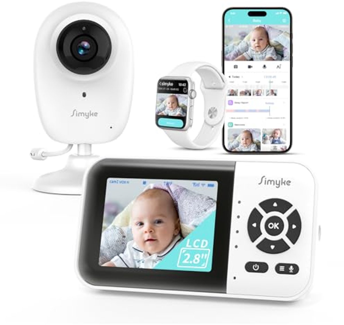 Intelligente babyfoon met camera en audio, dubbele modus, wifi aan/uitschakelaar, 7,1 cm display, 1080p camera, bereik 1500 meter