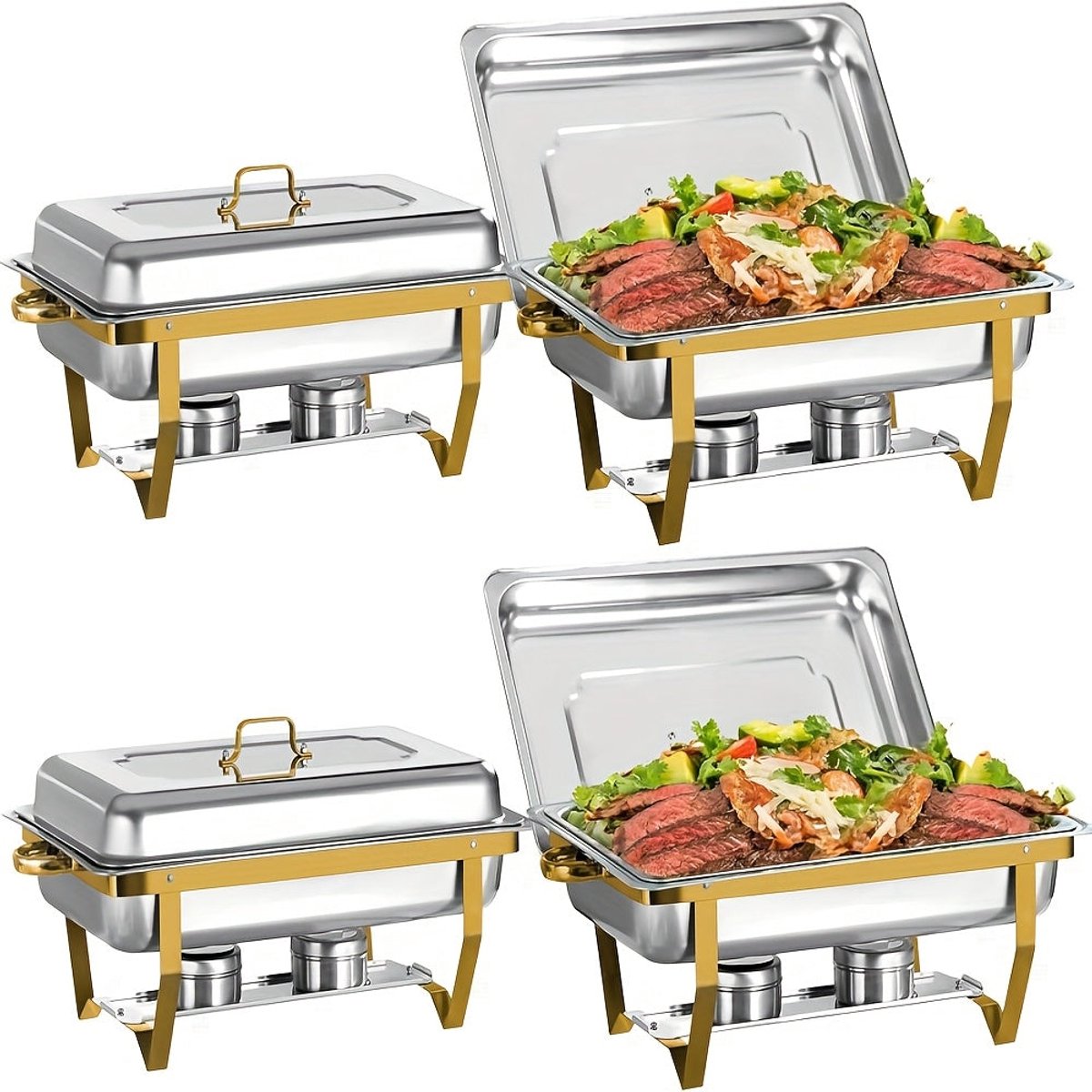 Chafing Dish Set – Warmhoudpan – Buffetpan – Serveerschotel – Au Bain-Marie – 4-Delige Set Goud – RVS 201 Roestvrij Staal – 9 Liter Inhoud – Geen Stroom Nodig – Elegant Stackbaar Design