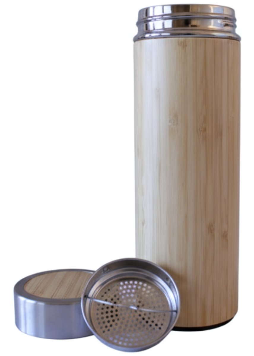 Bamboe & RVS Thermosfles – 450ml Dubbelwandige Flask - Duurzame thermofles voor thee, koffie - Bamboo and Steel flask - Bedankt Cadeau — cadeau in Koken & Dineren - foto 2