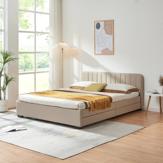 Cadre de lit Nofrenna avec 4 tiroirs 200x160 cm beige [en.casa]