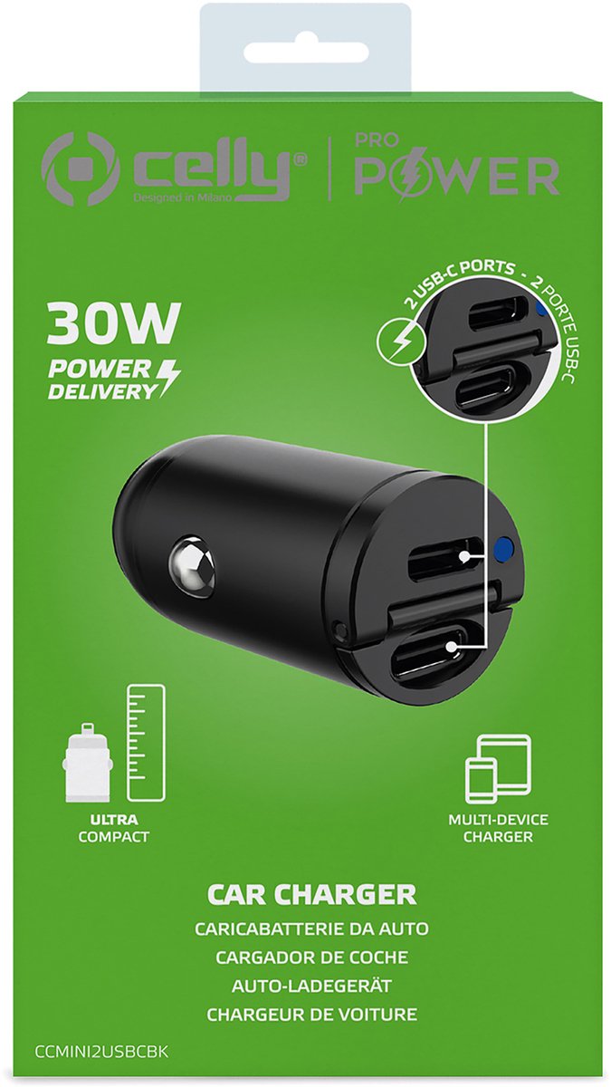 Celly Mini Autolader 2 x USB-C - 30 Watt - Power Delivery technologie - Maximale snelheid opladen - Uittrekbare handgreep - Ledlampje