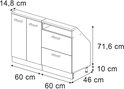 Technische tekening van een kast met afmetingen in cm.