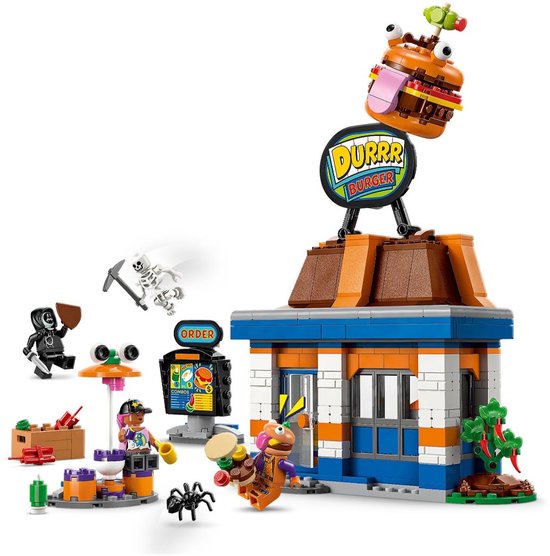 Restaurant Durrr Burger LEGO avec personnages et accessoires.
