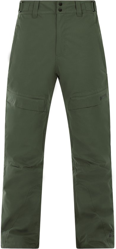 Avant d'un pantalon de ski vert foncé avec passants, boutons et logo sur les jambes.