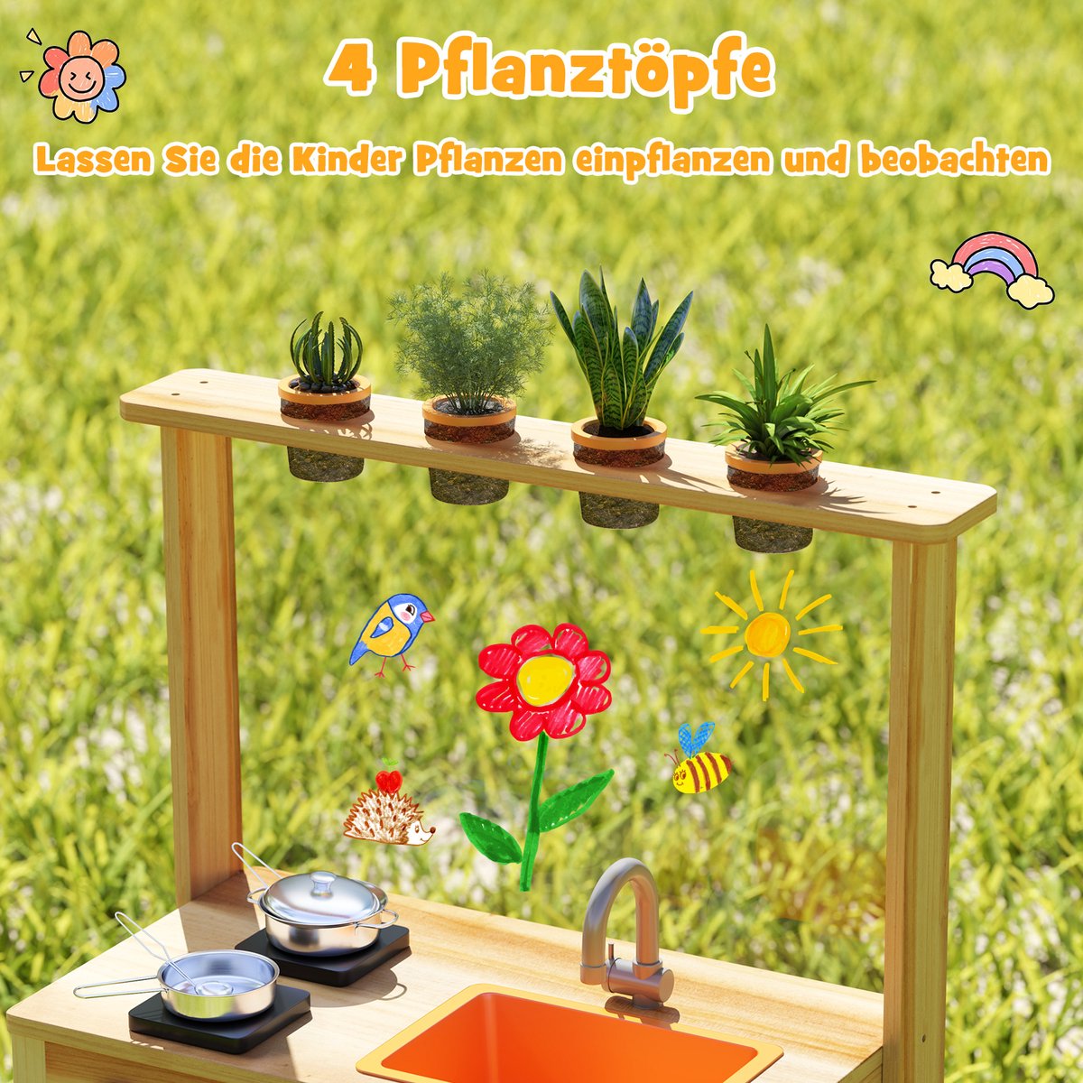COSTWAY Modderkeuken voor kinderen, outdoor, kinderkeuken, hout met plantenpotten en kookaccessoires, speelkeuken met kraan, gootsteen en borden, outdoor keuken voor kinderen vanaf 3 jaar — afbeelding 6
