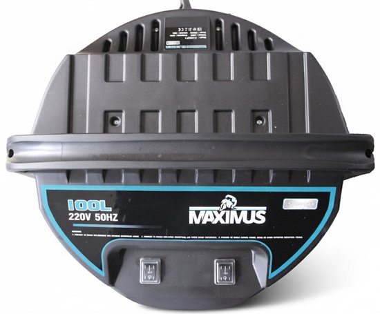 Bovenzijde Maximus bouwstofzuiger met "100L 220V 50Hz MAXIMUS" logo en schakelaars.