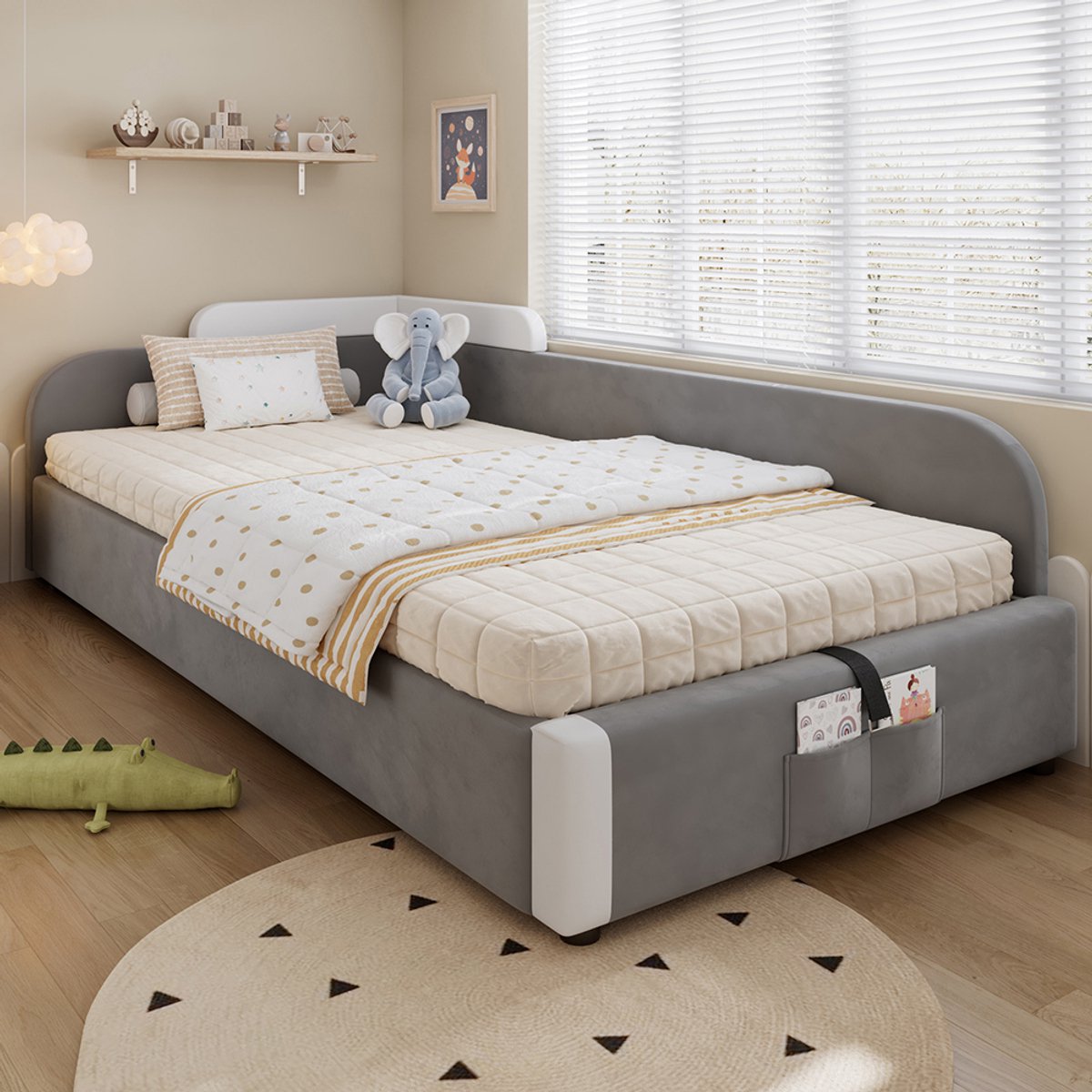 BLACKCOLORS Hydraulisch bed met opbergruimte, verhoogde zachte rand, opbergzak aan het voeteneinde, rechter zijpaneel, fluweel + multiplex, grijs, 90 x 200 cm