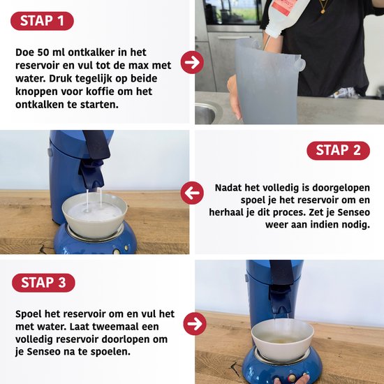 Stappenplan voor het ontkalken van de Senseo. Stap 1: ontkalker in reservoir doen. Stap 2: reservoir spoelen. Stap 3: reservoir omspoelen met water.