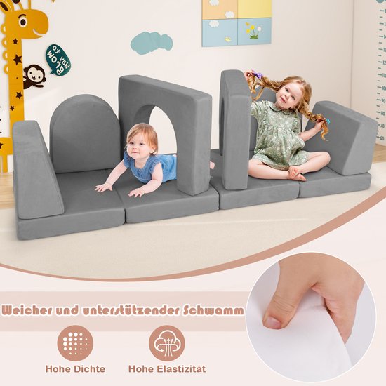COSTWAY Modulaire Kinderbank - 8-delig, Grijze Suède
