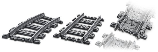 Grijze LEGO City treinrails op een witte achtergrond.