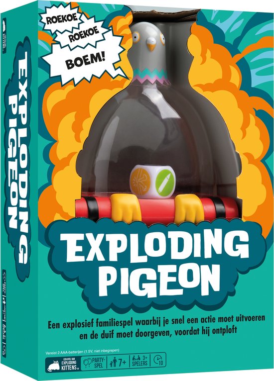 De doos van Exploding Pigeon, een spel met een cartoonachtige duif op rode dynamietstaven tegen een achtergrond van vuur.