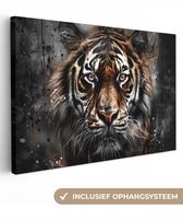 Canvas schilderij 120x80 cm - Wanddecoratie Tijger - Dieren - Portret - Luxe - Zwart - Muurdecoratie woonkamer - Slaapkamer decoratie - Kamer accessoires - Schilderijen op canvas