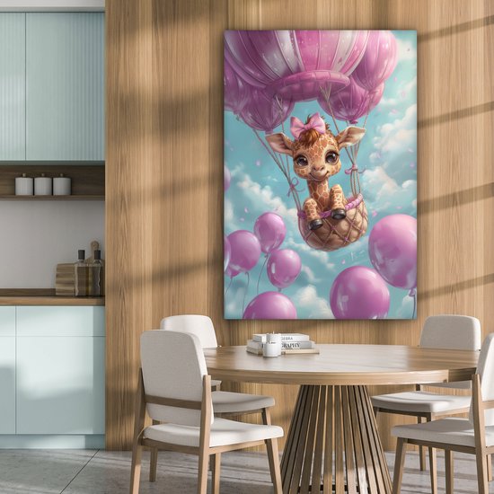Peinture sur toile 80x120 cm - Décoration murale chambre enfant Montgolfière - Girafe - Ballon - Nuages ​​- Violet - Décoration murale murale chambre bébé - Décoration chambre garçon et fille - Accessoires Bébé - Peintures