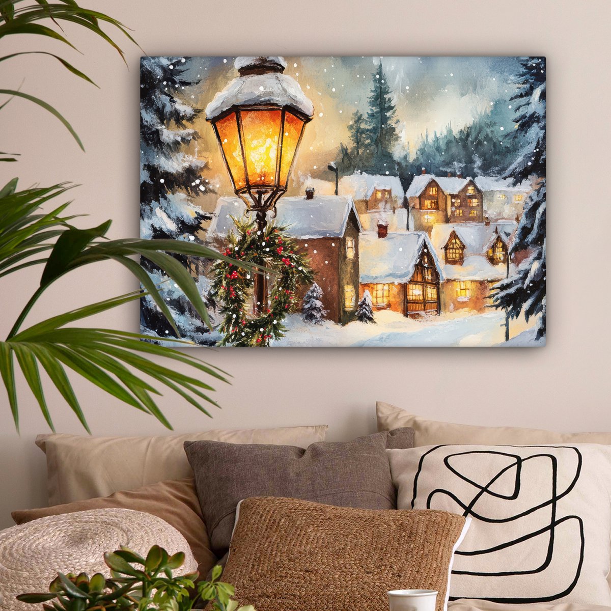 Canvas schilderij 80x60 cm - Wanddecoratie Kerstdorp - Huizen - Sneeuw - Kerst - Muurdecoratie woonkamer - Slaapkamer decoratie - Kamer accessoires - Schilderijen op canvas - Kerstdecoratie voor binnen - Kerstversiering - Kerstmis versiering – foto 4
