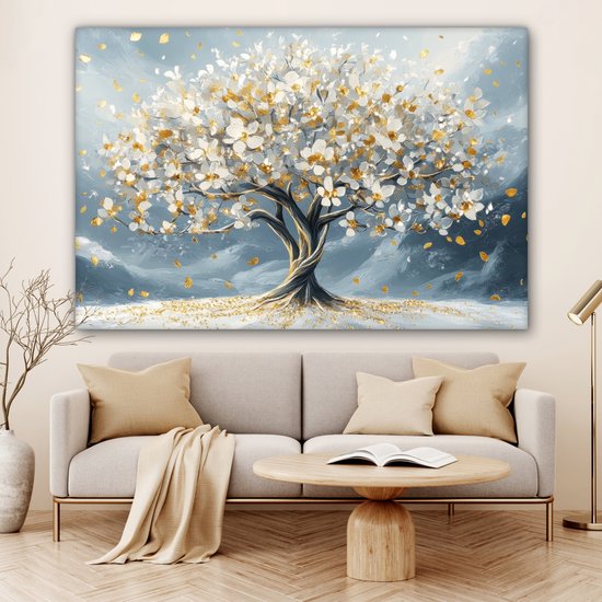 Peinture sur toile 180x120 cm - Décoration murale Arbre - Hiver - Arbre de vie - Moderne - Or - Décoration murale salon - Décoration chambre - Accessoires de chambre - Peintures
