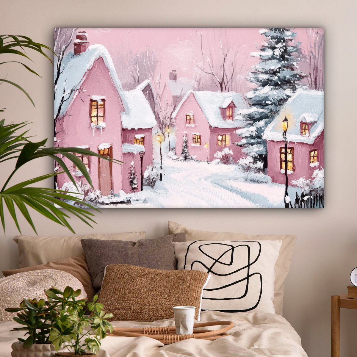Canvas schilderij 140x90 cm - Wanddecoratie Kerstdorp - Roze - Winter - Sneeuw - Huizen - Muurdecoratie woonkamer - Slaapkamer decoratie - Kamer accessoires - Schilderijen op canvas - Kerstdecoratie voor binnen - Kerstversiering - Kerstmis versiering – foto 4