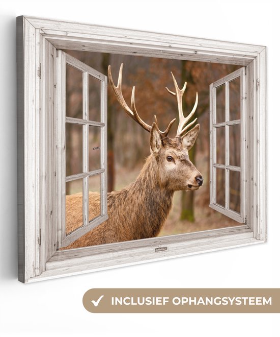 Tête de cerf par une fenêtre en bois ouverte et vieillie. Avec texte 'inclusief ophangsysteem'.