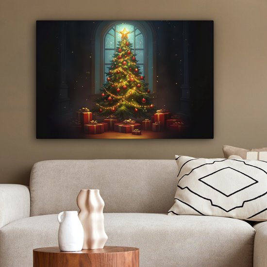Canvas schilderij 60x40 cm - Wanddecoratie Kerstboom - Cadeau - Kerst - Winter - Muurdecoratie woonkamer - Slaapkamer decoratie - Kamer accessoires - Schilderijen op canvas - Kerstdecoratie voor binnen - Kerstversiering - Kerstmis versiering