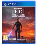 Gamecover Star Wars Jedi: Survivor voor PS4. Cal Kestis met lichtzwaard en BD-1 onder een oranje lucht.