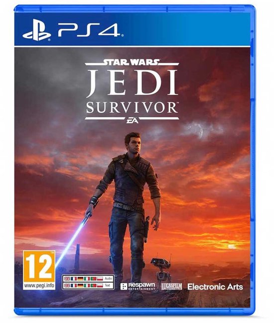 Gamecover Star Wars Jedi: Survivor voor PS4. Cal Kestis met lichtzwaard en BD-1 onder een oranje lucht.