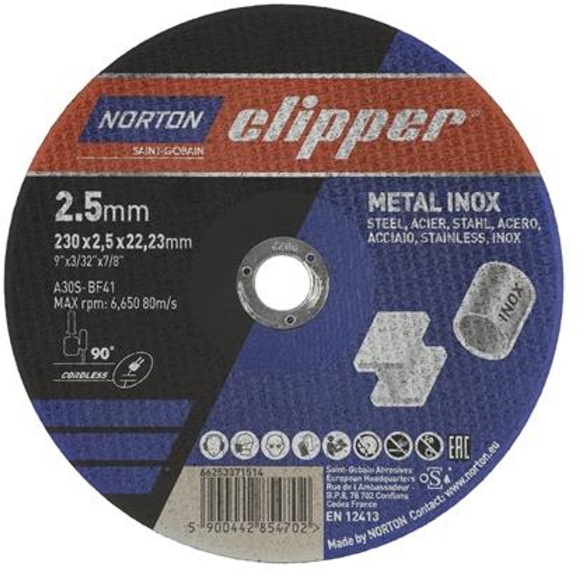 Trennschijf D230x2,5mm Type 41 Metaal-Inox Boor.22,23mm NORTON CLIPPER