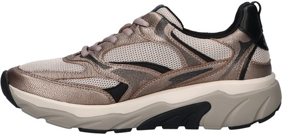 Grijze Gabor sneaker met mesh en leren overlays, roze veters en zwarte accenten.