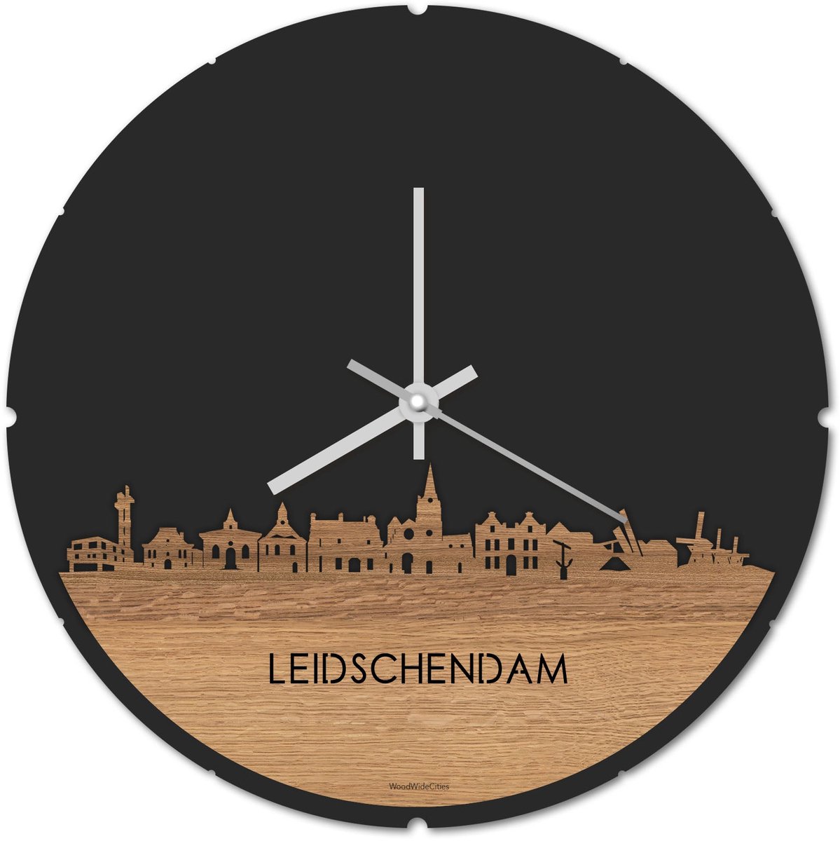 Skyline Klok Rond Leidschendam Eikenhout - Ø 44 cm - Stil uurwerk - Wanddecoratie - Meer steden beschikbaar - Woonkamer idee - Woondecoratie - City Art - Steden kunst - Cadeau voor hem - Cadeau voor haar - Jubileum - Trouwerij - Housewarming -