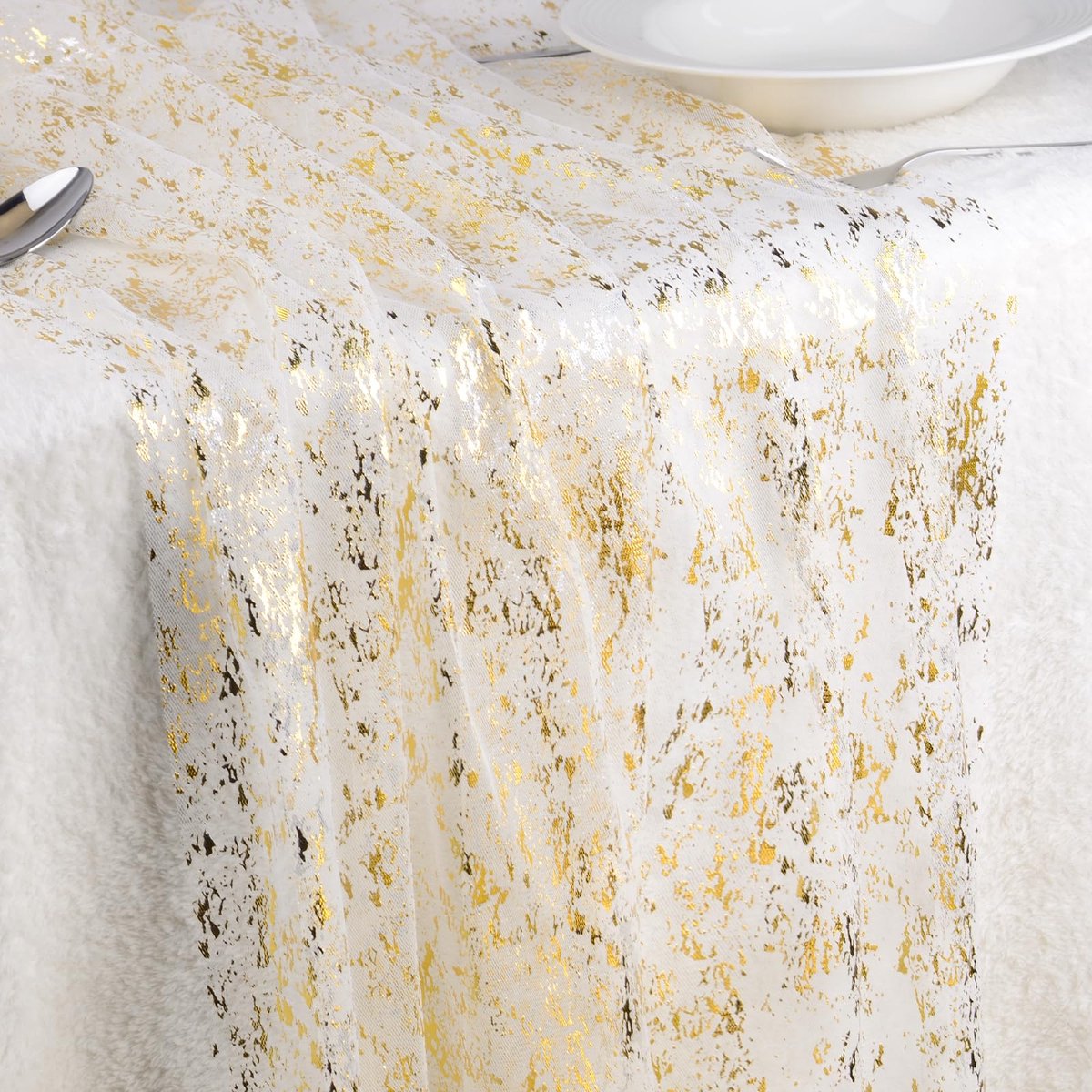 Gold Table Runner, 28x155 Inch Metallic Gold Glitter Table Runners Mesh Boho Tablecloth Bridal Baby Shower Table Centerpiece Decor