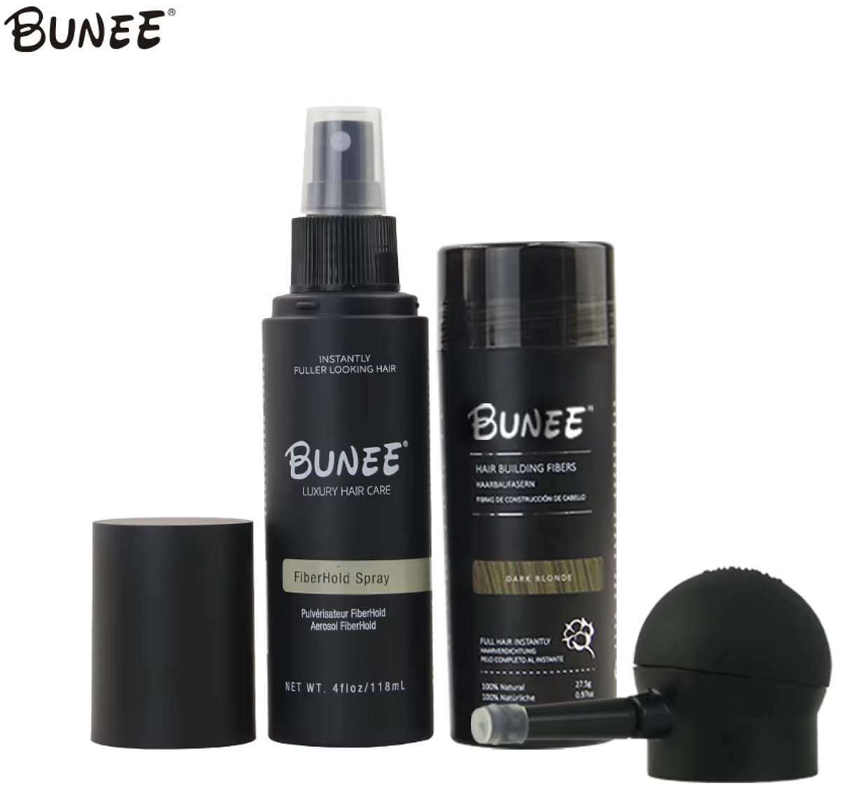Bunee Hair Volume Fiber Tool Kit - Fiber Hold Spray 120ml en Hair Fiber 27.5 gram Met Spray Applicator (Dark Blonde)