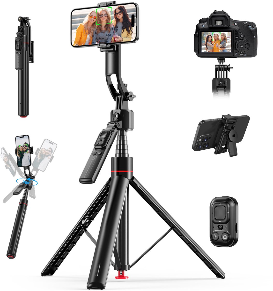 Telefoon Statief Selfie Stick Tripod van MMOBIEL – 360° AI Gezichtsherkenning, Bluetooth 5.4, Gebaren- en Afstandsbediening – 1,76m Uitschuifbaar – Geen App Nodig