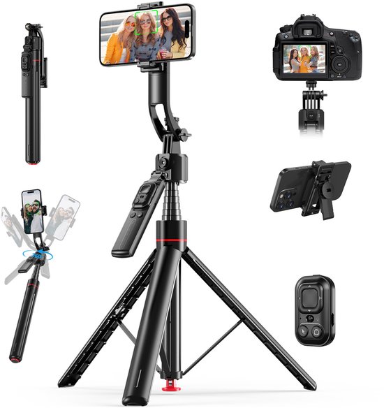 Perche à Selfie avec suivi automatique de MMOBIEL – Reconnaissance faciale IA 360°, Bluetooth 5.4, contrôle gestuel et télécommande – Extensible jusqu'à 1,76 m – Geen application requise – Pour iPhone, Android, GoPro
